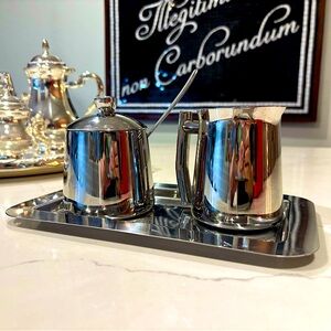 Frieling Stainless Tray, Steel Sugar Bowl w/ Spoon and Creamer